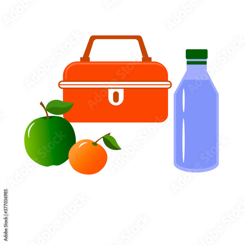 Lunchbox for food. Lunch Box, apple, orange and water. Vector illustration isolated on white background.