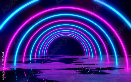 Blue and Purple Neon Tube Lights in The empty dark room 3D Rendering Illustration background