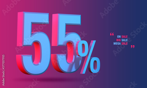 55% of sale discount 3D icon on colorful background