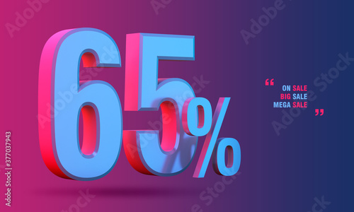 65% of sale discount 3D icon on colorful background