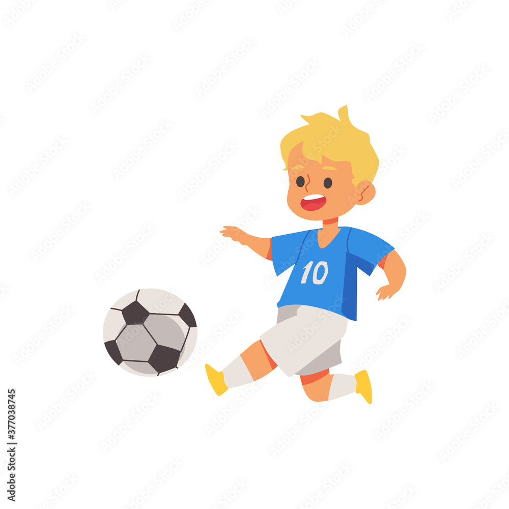 Boy soccer or football player kicking a ball flat vector illustration isolated. Boy soccer or football player kicking a ball flat vector illustration isolated.