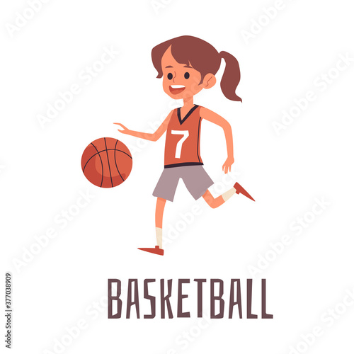 Cute girl character playing basketball flat vector illustration isolated.