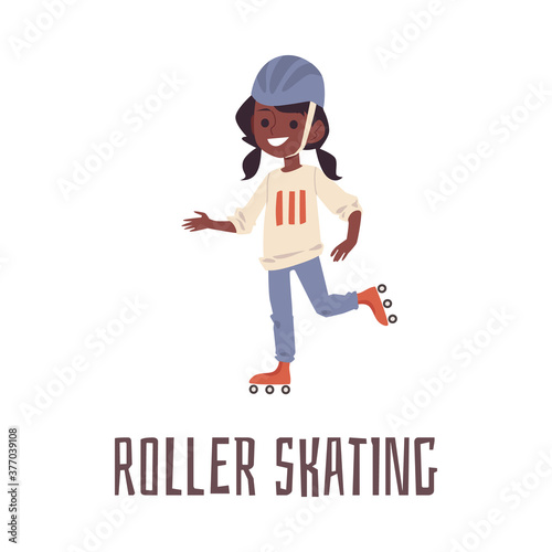 Cartoon girl roller skating in sport helmet. Cute African child
