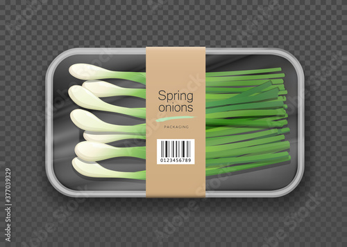 Spring onions one packaging, in black foam tray wrapped in plastic with brown label, design on transparent grid background. Eps 10 vector illustration