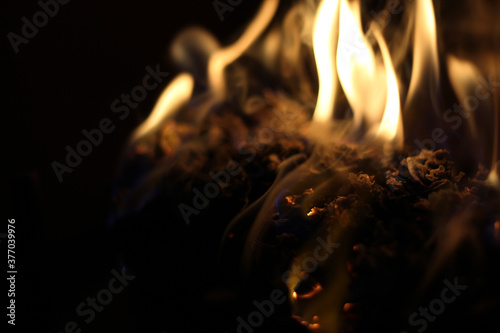 A closeup shot of warm fire on a log in a fireplace, establishing a cozy environment