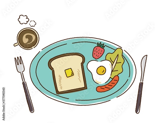 トーストで朝ご飯、モーニングプレート、洋風あさごはん　手描き風色付きイラス
