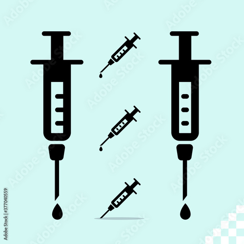 Syringe injection liquid drop icon symbol in flat black style isolated on blue grey background