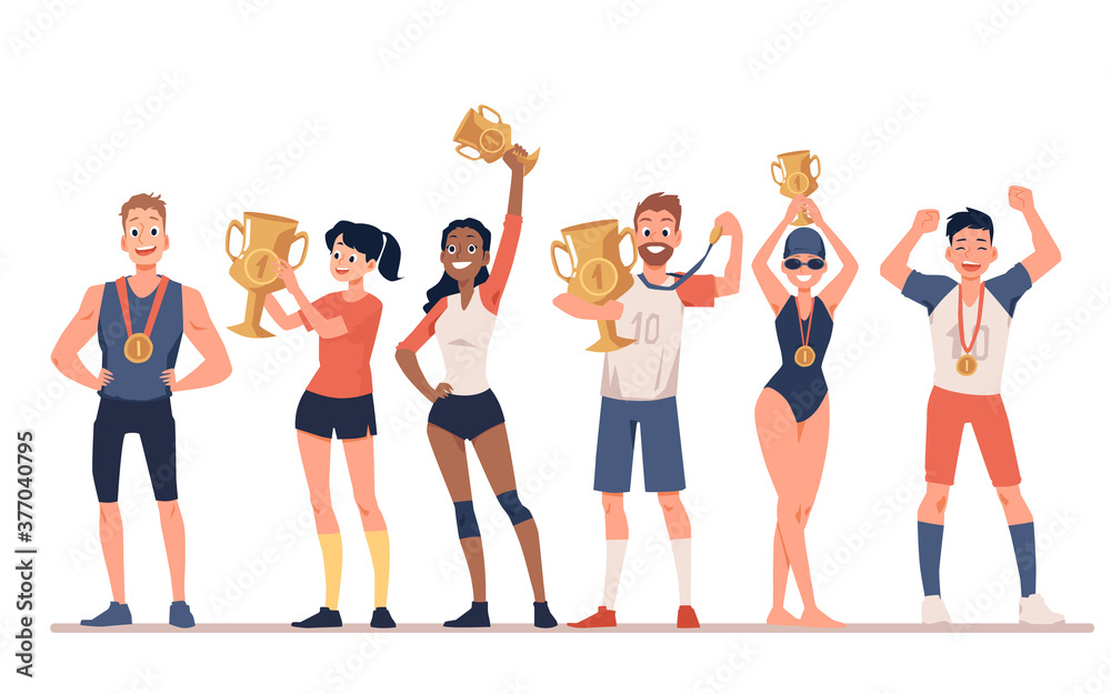 Diverse sportive people with award cups flat vector illustration isolated. Diverse sportive people with award cups flat vector illustration isolated.