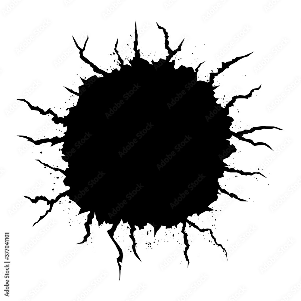 Fototapeta premium Cracked round hole texture isolated on white background. Broken wall texture with space for text.