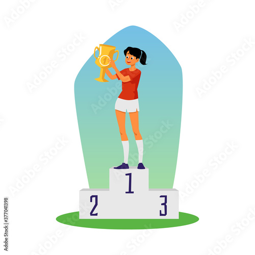 Sportive girl stands on pedestal with gold cup flat vector illustration isolated.