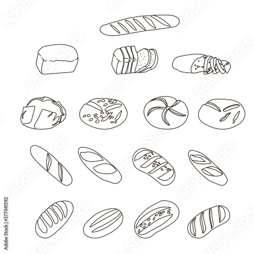 Vector set of thin line bread icons isolated on white background. Collection of bakery products of simple outline signs. Fresh baked goods symbol in a linear style. Concept vector illustration icon