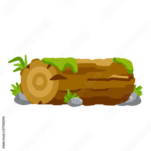 Vector brown log with green moss and stone. Environment of forest. Set of cartoon illustration. Building wood material, natural element
