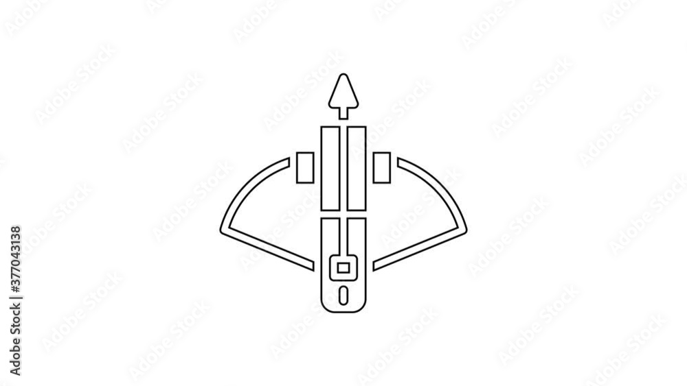 Black line Battle crossbow with arrow icon isolated on white background. 4K Video motion graphic animation. Black line Battle crossbow with arrow icon isolated on white background. 4K Video motion graphic animation.