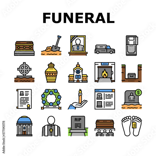 Funeral Burial Service Collection Icons Set Vector. Church And Priest, Grave And Coffin, Candle And Gravestone, Funeral Crematorium And Cemetery Color Contour Illustrations