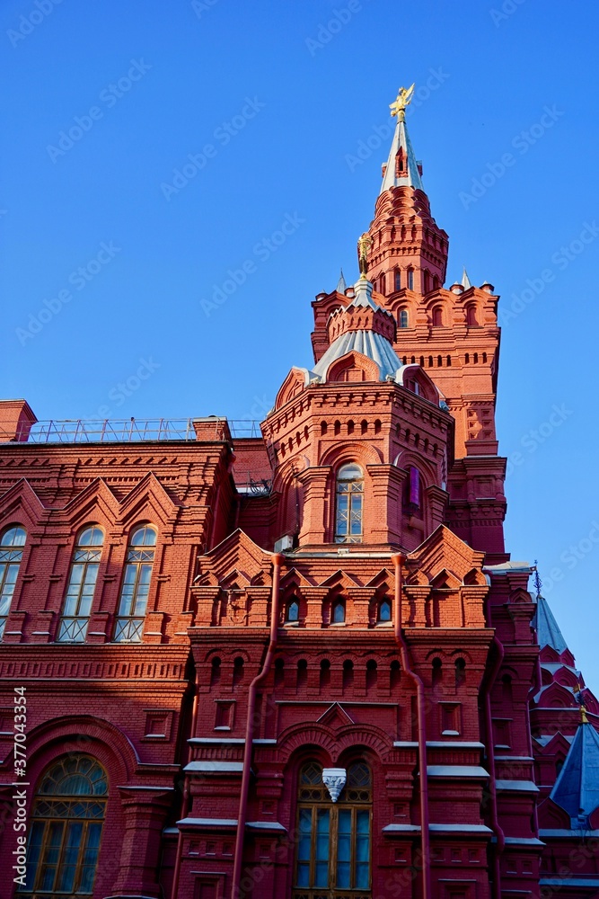 Moscow, Russia - August, 2020 : The Red Tower of the Historical Museum in the heart of the Russian capital