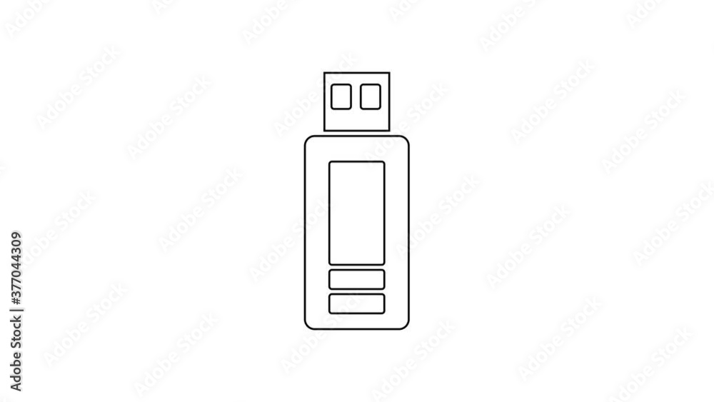 Black line USB flash drive icon isolated on white background. 4K Video motion graphic animation.