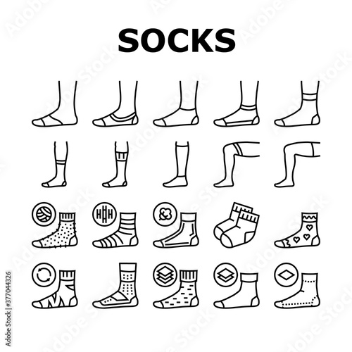 Socks Fabric Accessory Collection Icons Set Vector. Socks For Men And Women, Toe Cover And Invisible, Extra Low Cut And Ped, Over Knee And Loose Black Contour Illustrations