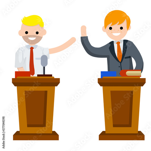 Presidential election. Men are debating at podium. Red versus blue. Characters in costumes talking. Cartoon flat illustration. Speech of politicians