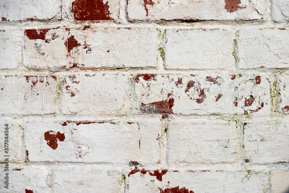 The texture of the old brick wall painted white with peeling paint