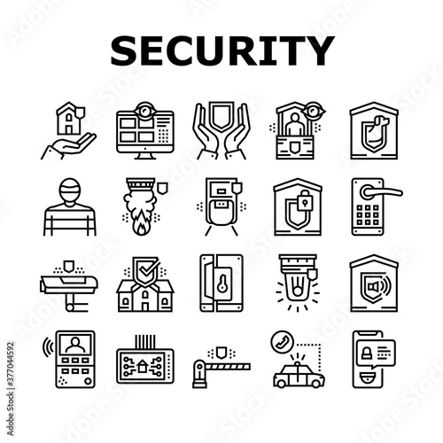 Home Security Device Collection Icons Set Vector. Motion Sensor And Cctv Camera, Alarm Siren And Lock With Password Home Security And Protect Equipment Black Contour Illustrations