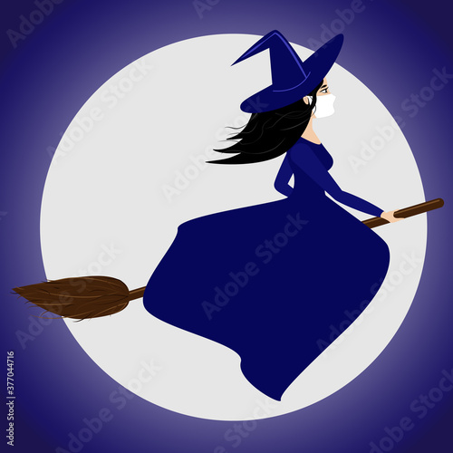 Masked witch on a broom against the moon