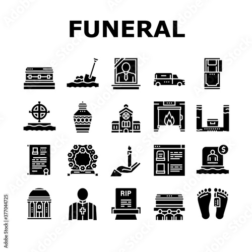 Funeral Burial Service Collection Icons Set Vector. Church And Priest, Grave And Coffin, Candle And Gravestone, Funeral Crematorium And Cemetery Glyph Pictograms Black Illustrations