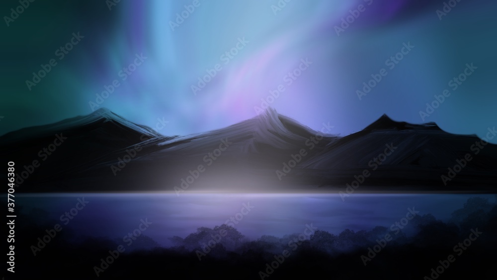 Fototapeta premium Mountains with aurora borealis background