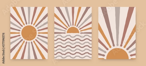 Abstract sun posters. Boho contemporary backgrounds, beige covers trendy mid century style. Geometric wall decor, vector illustration
