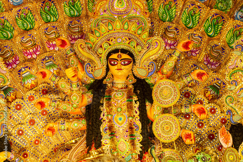 Close up view of Maa Durga's Face during Durga Puja .Durga Puja or Durgotsava,is an annual Hindu festival celebrated mainly in West Bengal,India. photo