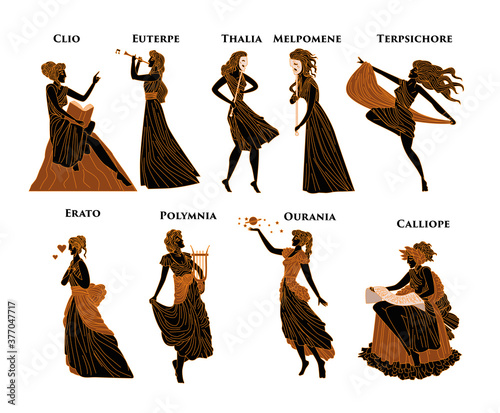 greek mythology muses Clio, Euterpe, Thalia, Melpomene, Terpsichore, Erato, Polymnia, Ourania and Calliope, 