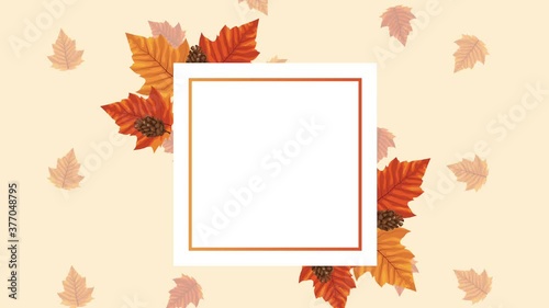 hello autumn animation with leafs in square frame