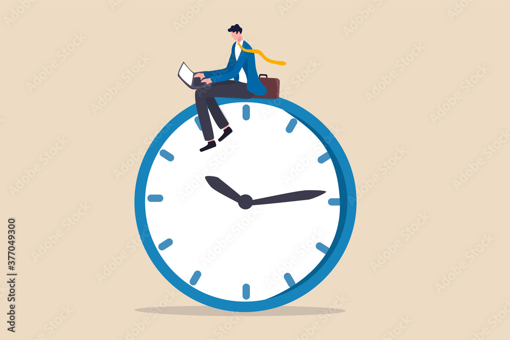 © Nuthawut - After hours worker, working late overtime or career that work in different time concept, confident businessman using computer laptop sitting on clock working at night with colleague in other country.