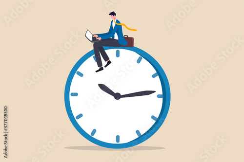 After hours worker, working late overtime or career that work in different time concept, confident businessman using computer laptop sitting on clock working at night with colleague in other country.