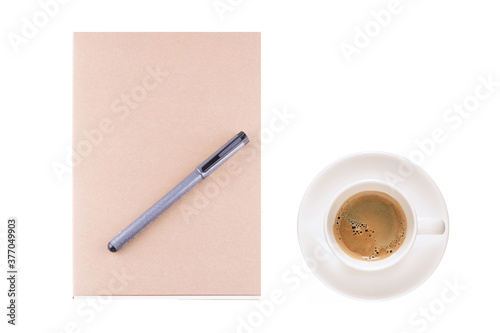 Vintage diary book and coffee cup on white background, for writing,reading and education concept
