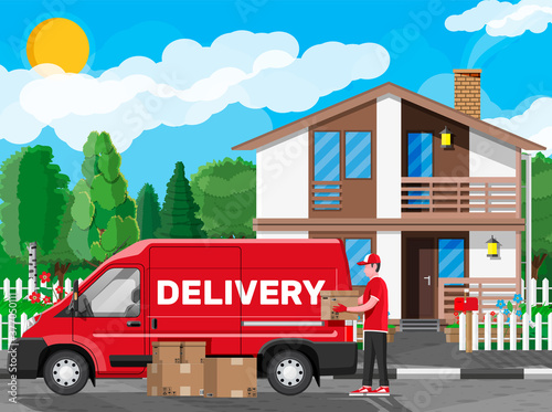 Loader unloads the goods from van. Fast and free delivery service in city. Courier with parcel box. Male mover, paper cardboard boxes with goods. Cargo and logistic. Cartoon flat vector illustration