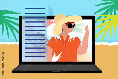 a man sunbathing on the beach. surfing the digital world with a holiday atmosphere on the beach. a man in a photo with a beach in the background. summer vacation with friends by the beach