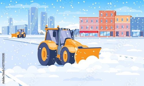 Snow plough clearing snow from a city street in winter in a concept of the seasons and transport, colored vector illustration
