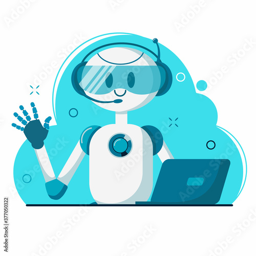 Smiling chat bot character robot helping solve a problems. For website or mobile application. Flat cartoon illustration isolated on white background.