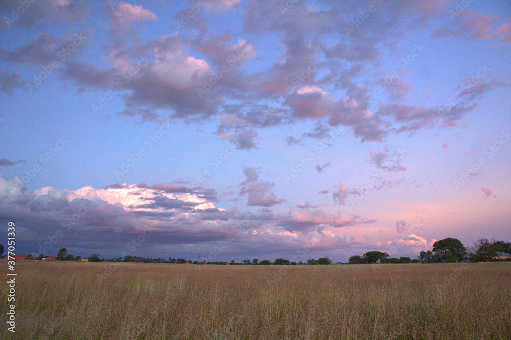 Evening in the fields - a rural landscape under colorful evening sky