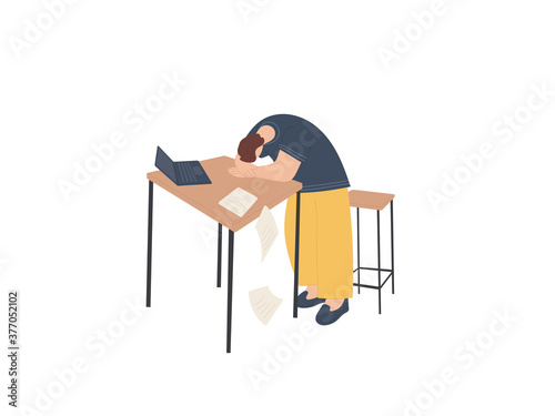 Tired man rested his head on the table. Frustrated worker, mental health problems. Hard work, emotional burnout concept. Scattered documents, computer. Abstract person isolated on white background.