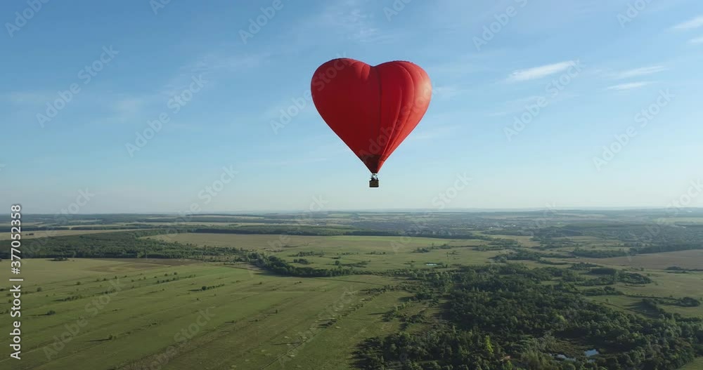 Red hot air balloon heart shaped flight above flat field and forest landscapes at summer sunny day - Aerial drone view
