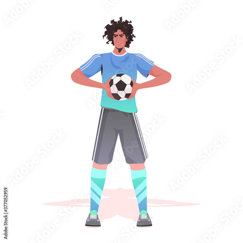 footbal player standing with ball man ready to start the match full length vector illustration © mast3r