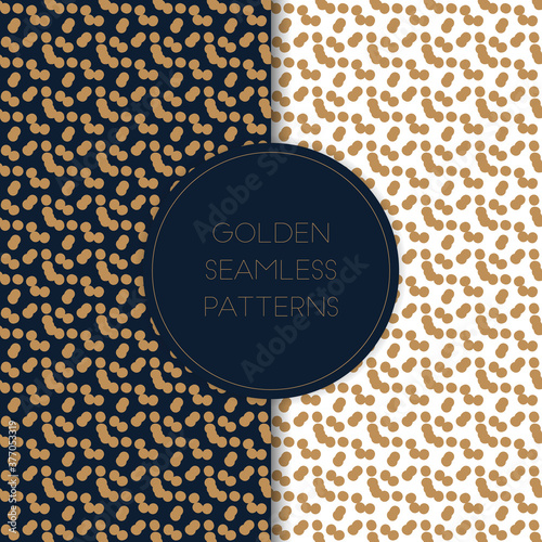 Seamless pattern with gold polka dots texture on white and dark blue in vector. Simple design for package, wallpaper, cover, template, background.