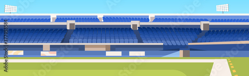 empty soccer stadium with green lawn and blue tribunes horizontal vector illustration