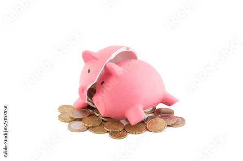 Принти на полотні Broken piggy bank with coins on white background with clipping path