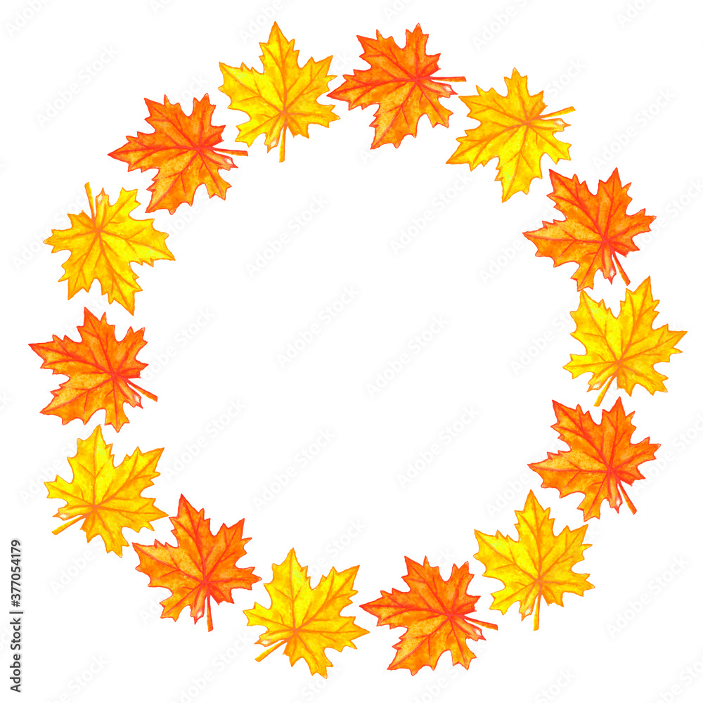 Watercolor autumn frame. Wreath made of hand drawn autumn maple leaves. Greeting card or Invitation Watercolor autumn frame. Wreath made of hand drawn autumn maple leaves. Greeting card or Invitation