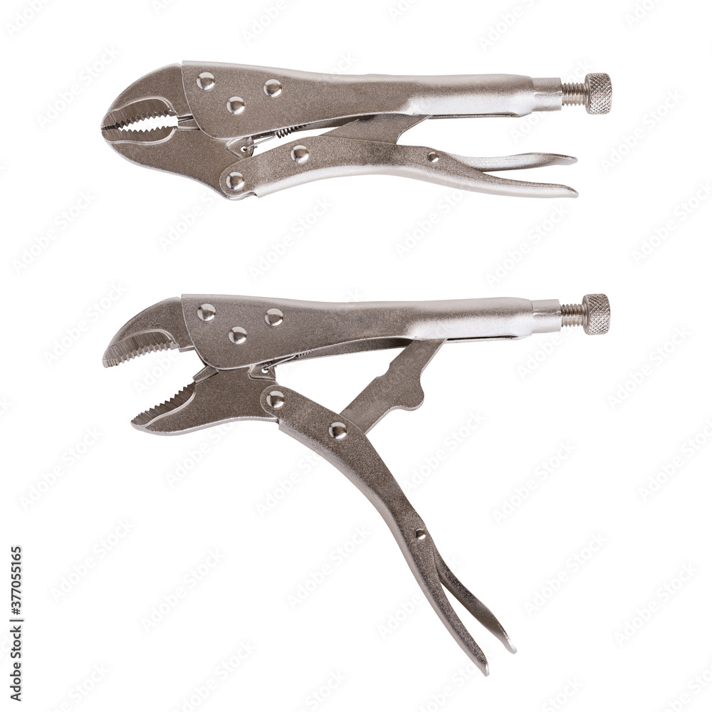 Locking pliers isolated on a white background.Locking pliers, mole grips (mole wrench) or vise-grips are pliers that can be locked into position, using an over-center action Locking pliers isolated on a white background.Locking pliers, mole grips (mole wrench) or vise-grips are pliers that can be locked into position, using an over-center action