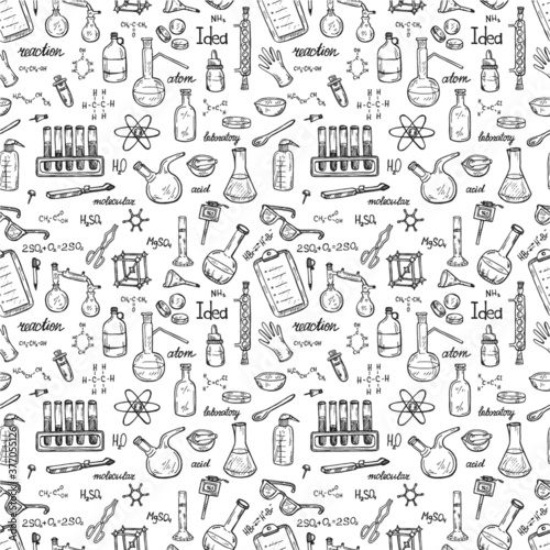 Seamless pattern with cute hand drawn chemistry elements. Vector science cartoon collection