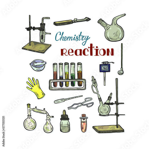 Set with cute hand drawn chemistry elements. Vector science cartoon collection