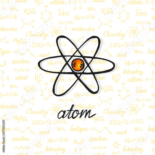  Cute hand drawn atom on background with chemistry formulas and elements. Vector science cartoon collection